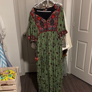 Anthropologie Green Maxi Dress with Red Embroidery